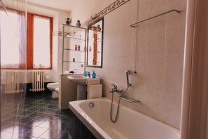 Bathtub, hair dryer, bidet, towels