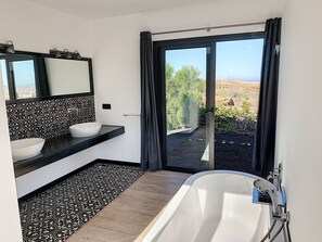 Combined shower/bathtub, hair dryer, towels, toilet paper