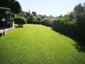 A well-maintained lawn with a stone pathway leading to a seating area.