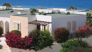 Un edificio costero con terraza en la azotea que da al mar, con una pérgola y plantas en macetas.