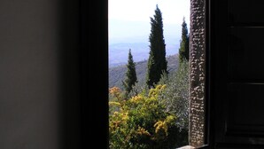 A window with a view of a mountainous landscape, including trees and a clear sky. - HillsideVilla overlooking the Tuscan landscape between Florence Arezzo and Siena (Loro Ciuffenna)