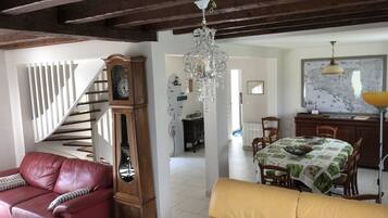 TV, fireplace, DVD player, books