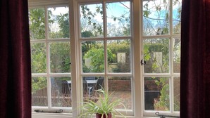Ein Fenster mit einem Blumentopf auf der Fensterbank, Blick auf einen Garten und eine Backsteinmauer.