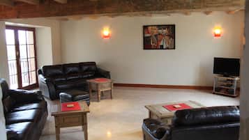 TV, fireplace, DVD player, books