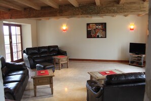 Télévision, cheminée, lecteur de DVD, livres