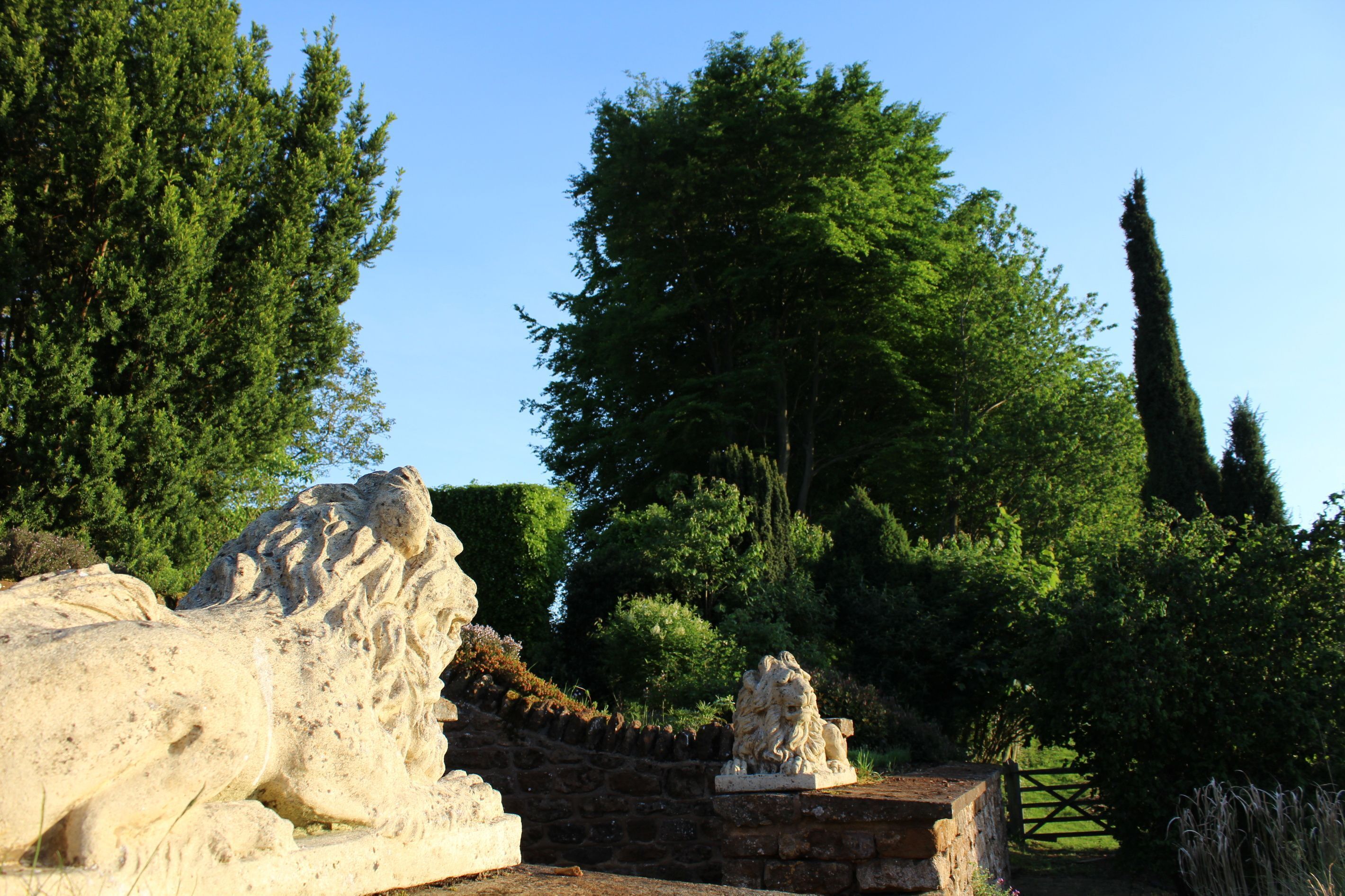 A stone lion statue in a garden with trees and a stone wall.