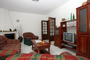 Fernseher, Kamin, DVD-Player, Bücher