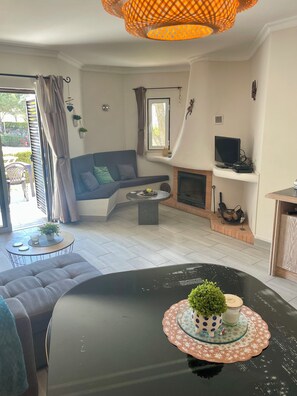 Tv, eldstad, dvd-spelare och böcker