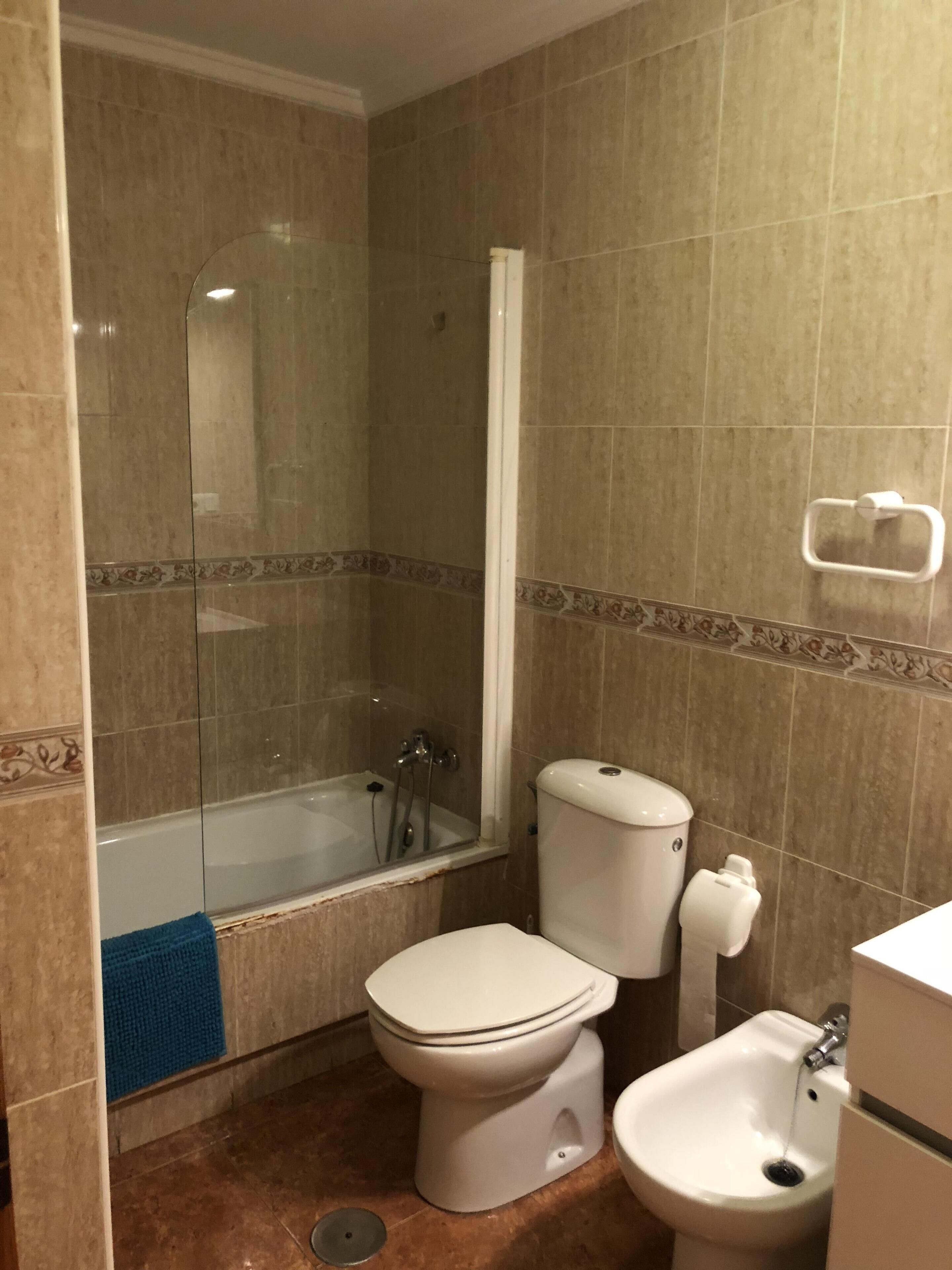 Combined shower/bathtub, hair dryer, bidet, towels