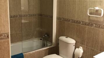 Combined shower/bathtub, hair dryer, bidet, towels