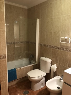 Een bad/douchecombinatie, een haardroger, een bidet, handdoeken