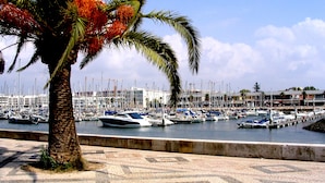 A marina with multiple boats docked, a palm tree in the foreground, and buildings in the background. - Beautiful 2 Bed Apartment with Swimming Pool in the Historic Town of Lagos (Lagos)