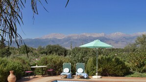 Ein Poolbereich mit Bergblick, zwei Liegestühle, ein Tisch und eine Vase mit Blumen.