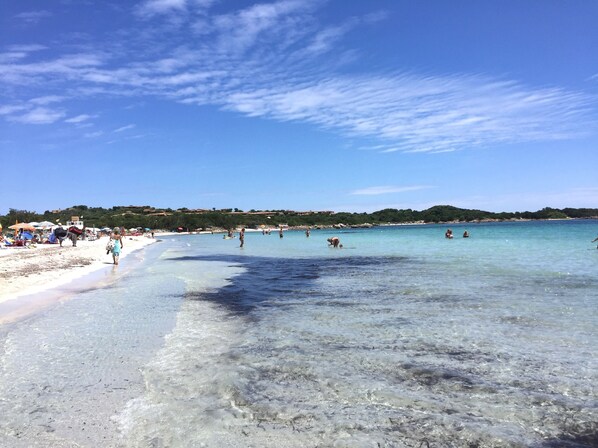 On the beach, sun-loungers