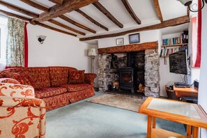 Smart-TV, peis, DVD-spiller og bøker