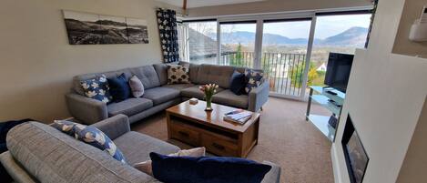 Smart TV, fireplace, DVD player, books