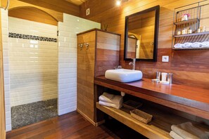Shower, eco-friendly toiletries, hair dryer, towels