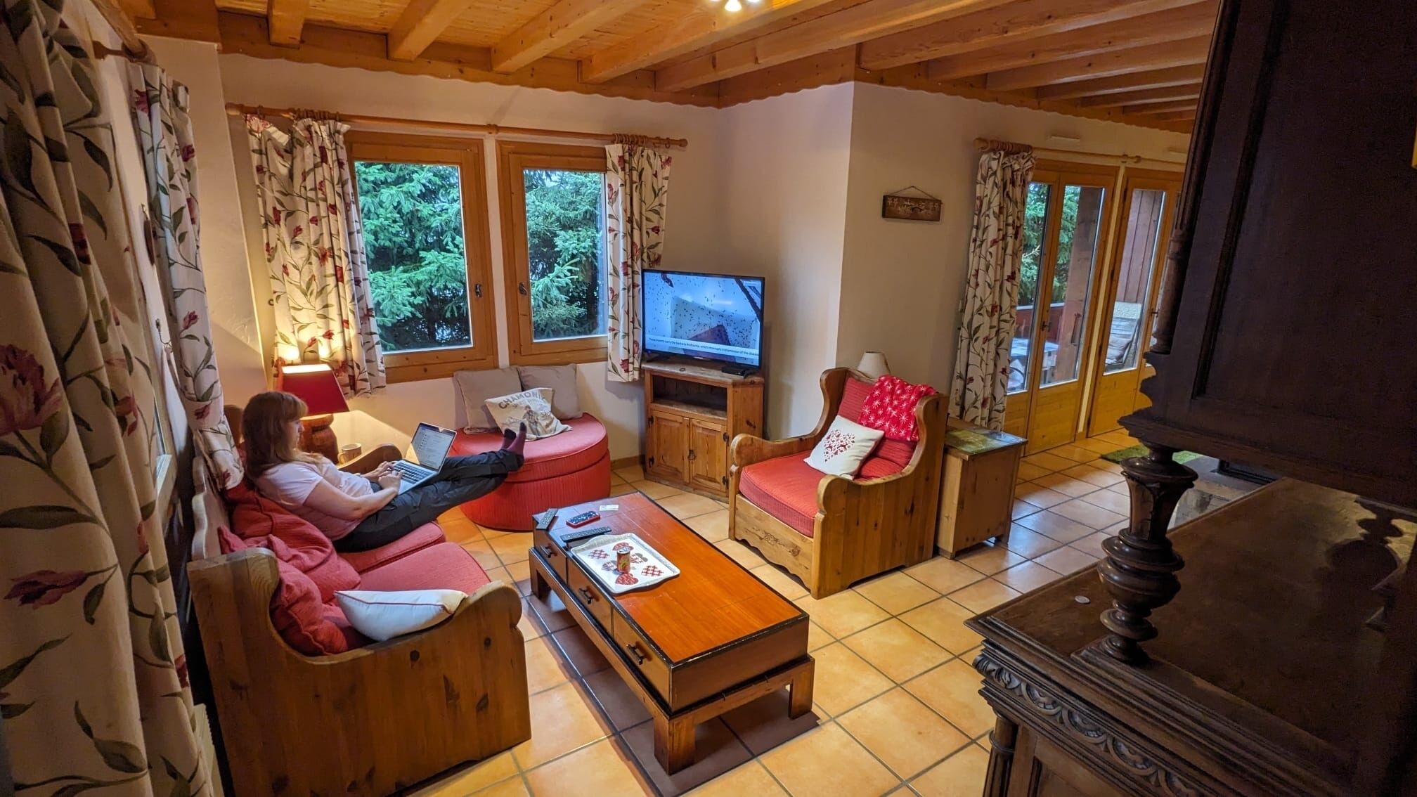 TV connectée, cheminée, lecteur de DVD, livres