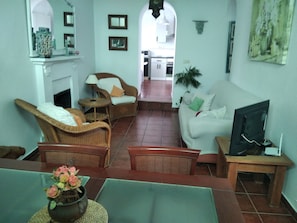 Televisie, een open haard en boeken