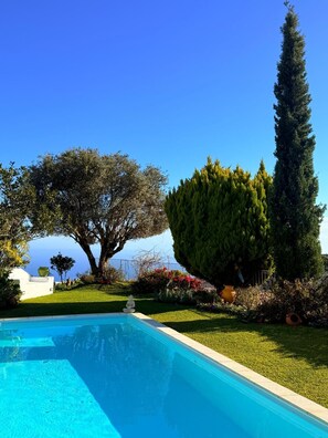 Una piscina sotto un cielo azzurro limpido, con un grande albero e un prato ben curato.