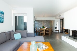 TV, fireplace, DVD player, books - Villa Blanche - Top quality villa surrounded by nature, close to the beach (Chania)