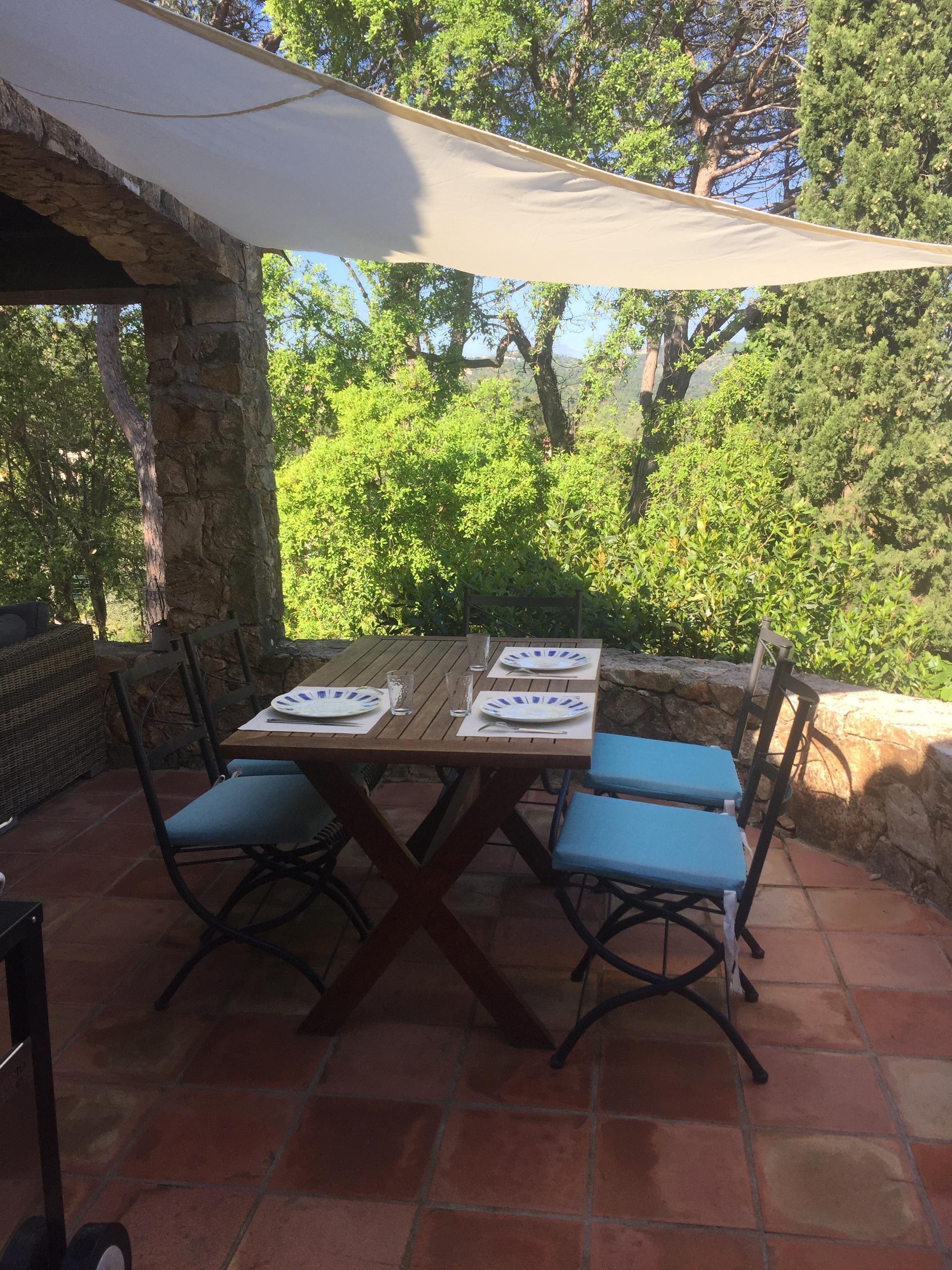 An outdoor patio with a wooden table set for four, surrounded by blue cushioned chairs.