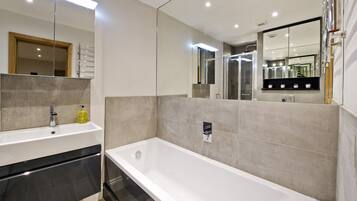 Bathtub, hair dryer, towels, soap