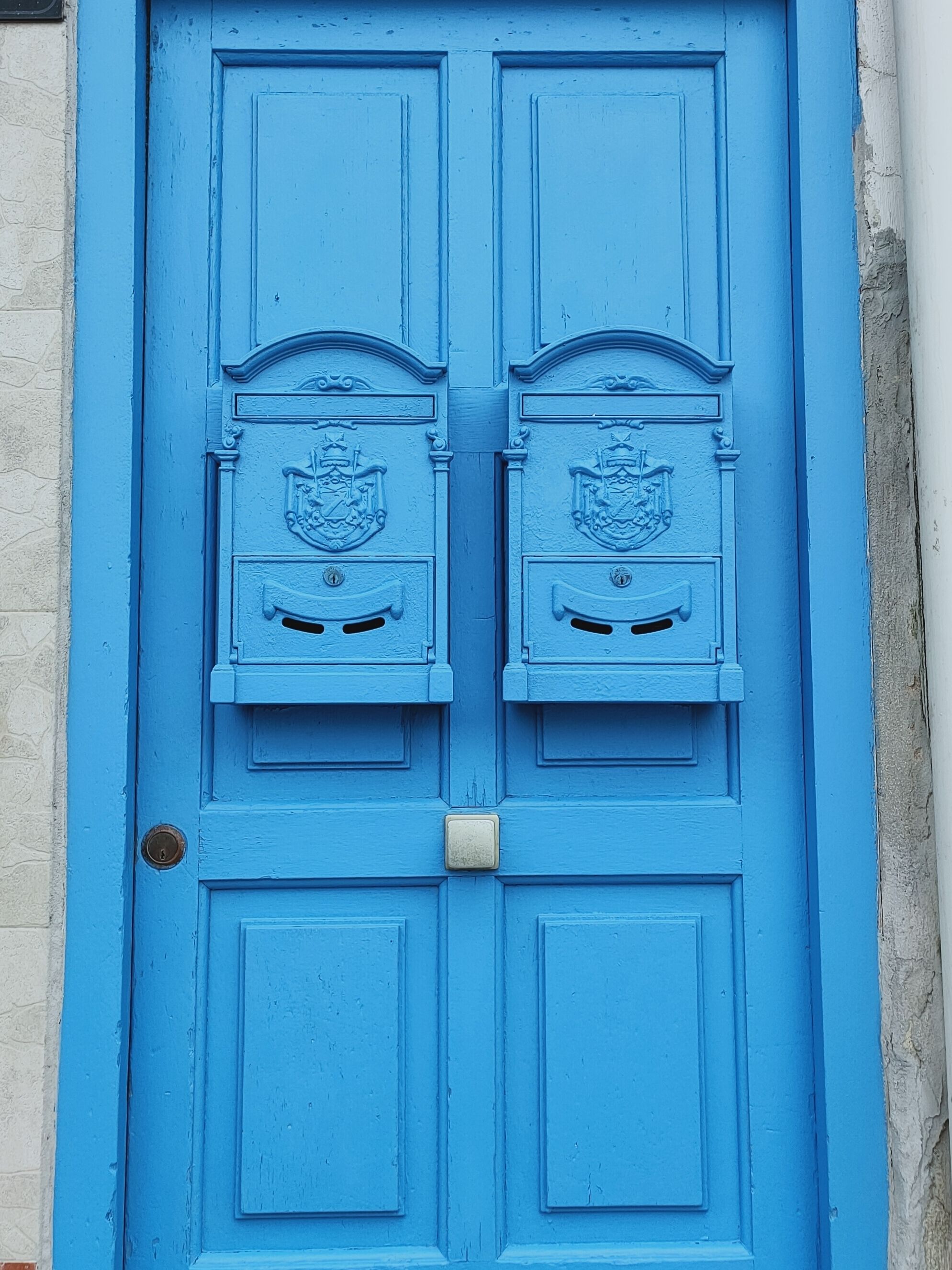 A blue door with two mail slots and a central lock.