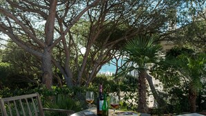 A patio with a table, chairs, and a bottle of wine. - Del Sol. Modern Andalus, beach access and views (Roche)