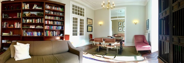 TV, DVD player, books, video library