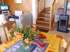 Smart TV, fireplace, video games, DVD player