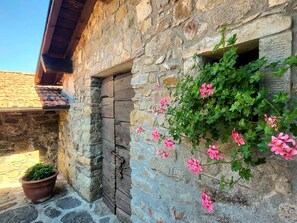Traditional stone building with a wooden door and a charming window, set amidst lush greenery.