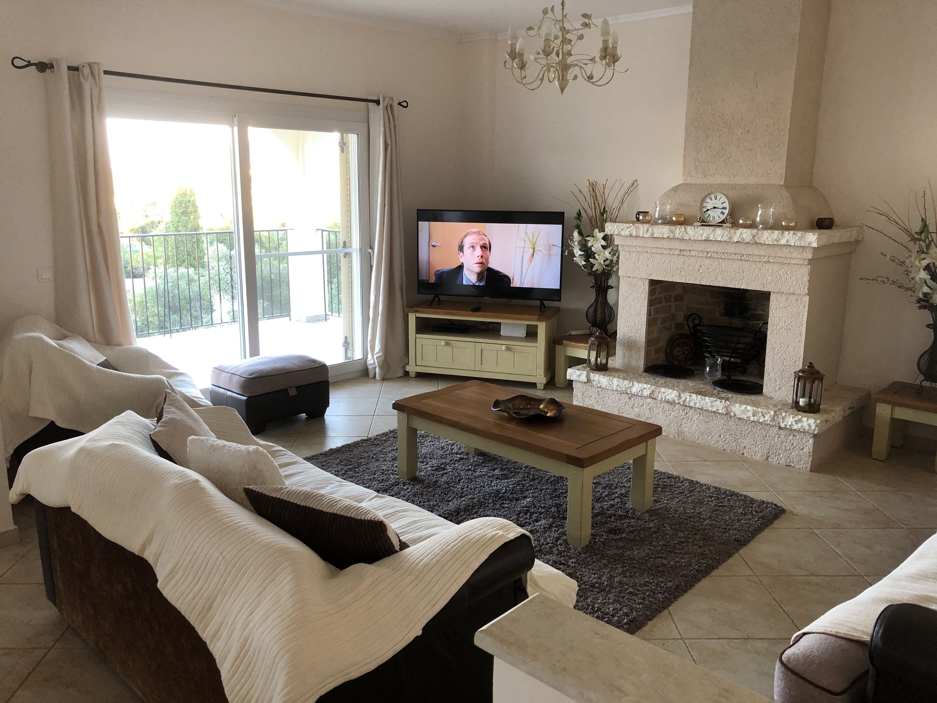TV, fireplace, DVD player, books