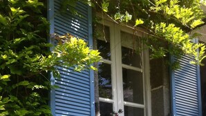 A stone staircase leading to a window with blue shutters, a potted plant with flowers, and green foliage. - Peaceful rural retreat  (Saint-Hélen)