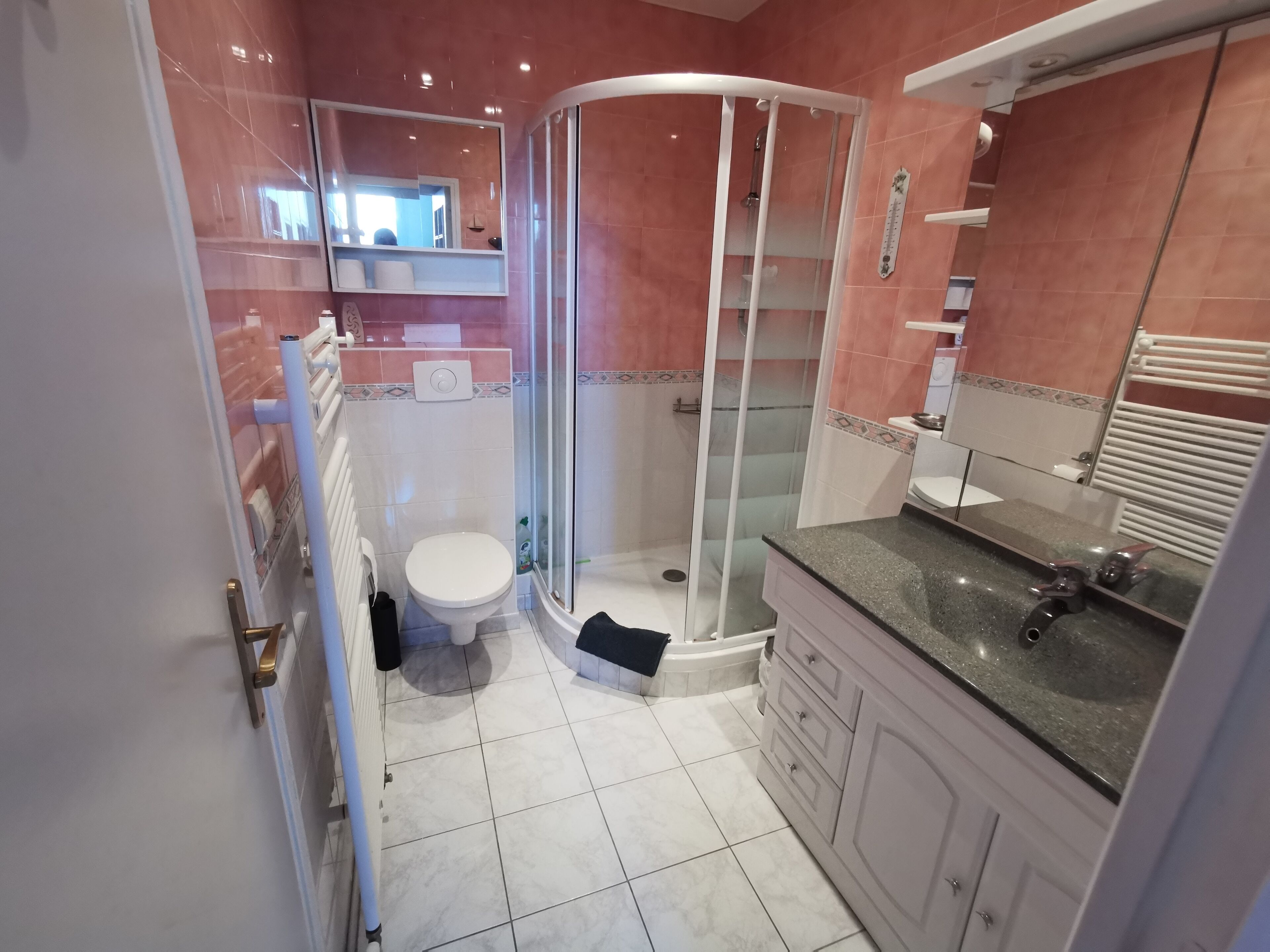 A bathroom with a toilet, shower, and sink.