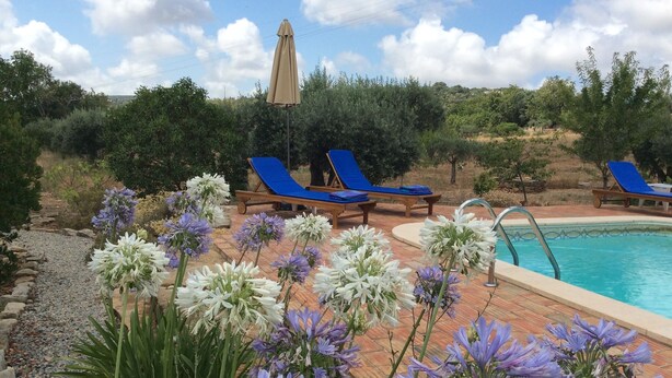 A pool area with lounge chairs and a pergola.