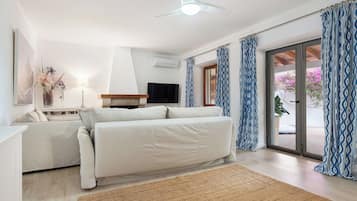 Smart TV, caminetto, libri