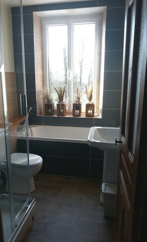 Combined shower/tub, hair dryer, towels, soap