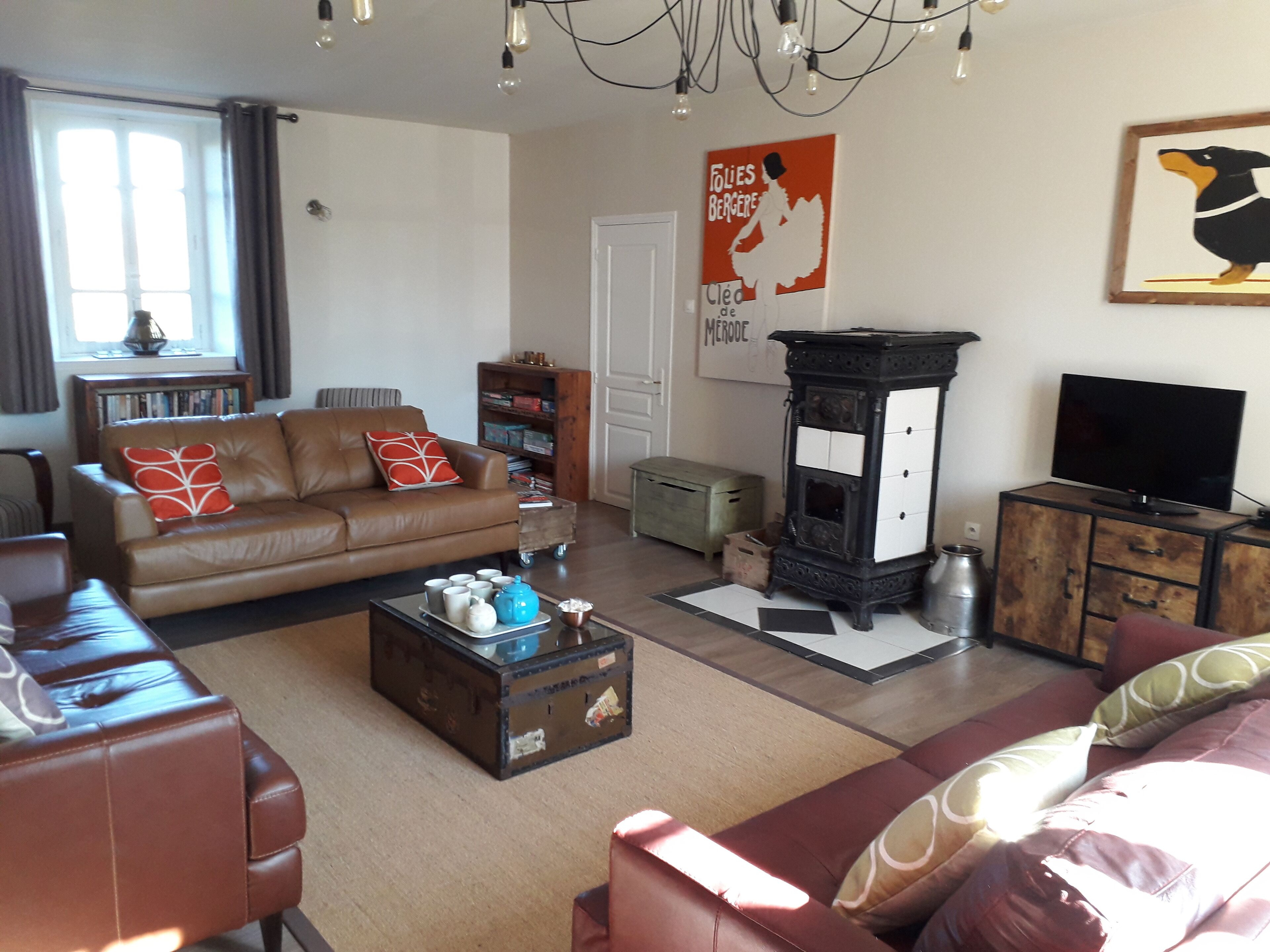 TV, fireplace, DVD player, foosball