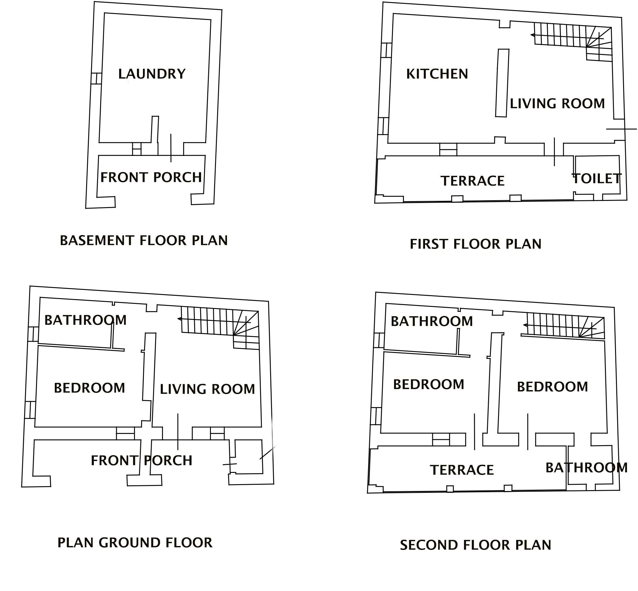 Four floor plans of a house with labeled rooms: Laundry, Kitchen, Living Room, Bathroom, Bedroom, Front Porch, Terrace, and Toilet.