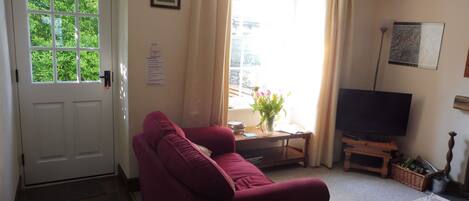 A living room with a red sofa, a television on a wooden stand, a window with curtains, and a door with a window.