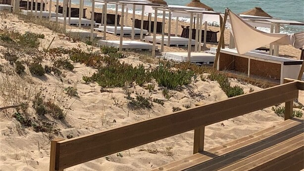 Una playa con bancos de madera y sombrillas de paja.