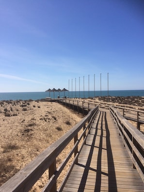 Beach nearby, sun loungers