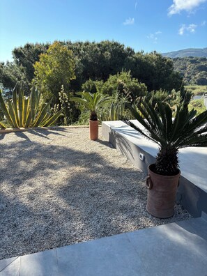 A rooftop garden with potted plants and a view of the surrounding landscape.