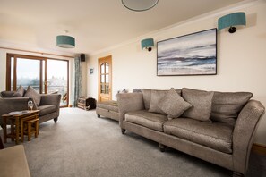 TV, fireplace, books, stereo