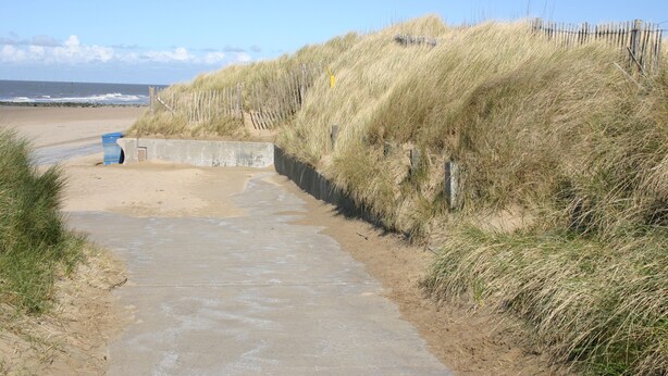Un camino de concreto lleva a una playa arenosa, con una cerca de madera y césped a los lados.
