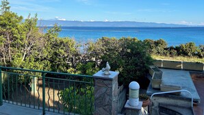 A balcony with a view of the sea, stone railings, and potted plants.