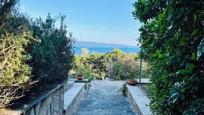 A stone pathway leading to a scenic view.