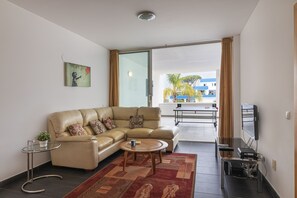 Een smart-tv, een open haard, een dvd-speler en een tafeltennistafel