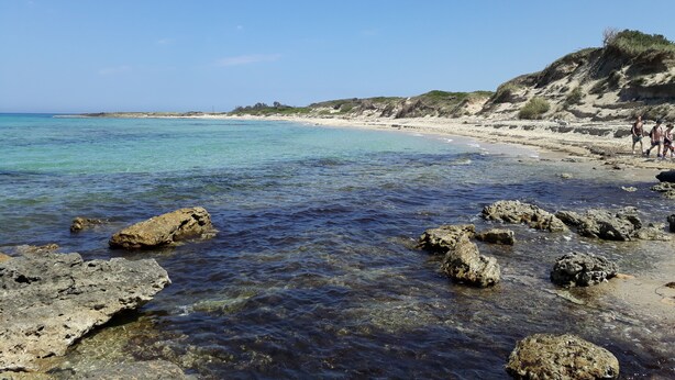 A beach with clear water, rocky shore, and a sandy area with people walking. - Stylish luxury trulli with private pool and amazing sea view  (Ostuni)
